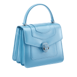 Serpenti Forever top handle bag in Niagara sapphire blue varnished calf leather with black gros grain lining. Captivating snakehead closure in palladium-plated brass embellished with matt Niagara sapphire blue enamel scales and black onyx eyes. 291322 image 2