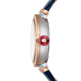 LVCEA Skeleton 腕錶，搭載機械機芯，自動上鍊，鏤空設計，拋光精鋼錶殼，18K 玫瑰金錶圈和連結扣鑲飾鑽石，藍色漆面鏤空 BVLGARI 標誌錶盤，藍色鱷魚皮錶帶。防水深度 30 公尺。 103304 image 3