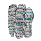 Serpenti Secret Watch with 18 kt white gold head set with brilliant cut diamonds, amethysts emeralds and malachite eyes, 18 kt white gold case, 18 kt white gold dial and double spiral bracelet, both set with brilliant cut diamonds, amethysts and emeralds. 101864 image 1