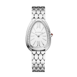 SERPENTI SEDUTTORI Lady Watch 33 mm stainless steel case and bezel set with diamonds. stainless steel crown set with a cabochon-cut pink rubellite, white silver opaline dial, stainless steel bracelet and folding buckle. Quartz movement, hours and minutes functions. Water-resistant up to 30 metres. 103361 image 1