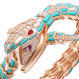 Serpenti Secret Watch with 18 kt rose gold head and single spiral bracelet, both set with brilliant cut diamonds, turquoise and mother-of-pearl elements, ruby eyes, 18 kt rose gold case, 18 kt rose gold dial set with brilliant cut diamonds and mother-of-pearl. 102533 image 2