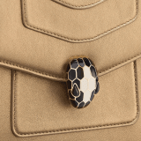 Serpenti Forever small top handle bag in white agate calf leather with heather amethyst fuchsia grosgrain lining. Captivating snakehead closure in light gold-plated brass embellished with black and white agate enamel scales and green malachite eyes. 1122-CLa image 9