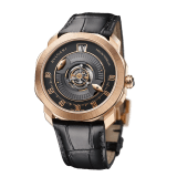 Octo Roma Papillon Central Tourbillon with mechanical manufacture movement, manual winding, central flying tourbillon, minutes indication with two 18 kt rose gold Papillon hands, 24-hour jumping hour, ceramic ball bearing system, 18 kt rose gold case, black matt dial, tourbillon cage and Papillon system opening, transparent sapphire caseback, matt black alligator bracelet and 18 kt rose gold folding clasp. Water-resistant up to 50 metres 103475 image 2