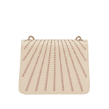 Serpenti Forever crossbody bag in ivory opal laser-cut calf leather with caramel topaz beige nappa leather lining. Captivating snakehead closure in light gold-plated brass embellished with matte and shiny ivory opal enamel scales and black onyx eyes. 422-LCL image 3