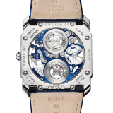 Octo Finissimo Tourbillon Skeleton watch with extra-thin mechanical movement with manual winding and flying tourbillon, 40 mm platinum case with transparent case back, platinum crown with blue ceramic insert, blue skeletonized caliber, blue alligator bracelet and platinum ardillon buckle 103188 image 4