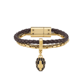 Serpenti Forever bracelet in chestnut opal braided calf leather and gold-plated brass chain with magnetic clasp closure. Captivating snakehead charm with black enamel and gold-plated scales, and black enamel eyes. SERP-BRAID-CHAIN-chestopal image 2