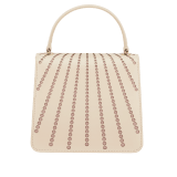 Serpenti Forever top handle bag in ivory opal laser-cut calf leather with caramel topaz beige nappa leather lining. Captivating snakehead closure in light gold-plated brass embellished with matt and shiny ivory opal enamel scales and black onyx eyes. 752-LCL image 3