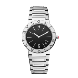 BVLGARI BVLGARI LADY watch quartz movement, 33 mm stainless steel case, 41 mm stainless steel case and bezel with double logo, stainless steel crown with synthetic cab cut rubellite, black lacquered dial, stainless steel bracelet and folding clasp. Hours, minutes functions. water proof 30m. 102922 image 1