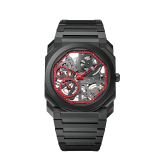 Octo Finissimo Skeleton Limited Edition watch with extra-thin skeletonised mechanical manufacture movement, manual winding, small seconds and power reserve indications, 40 mm extra-thin case and bracelet in sandblasted black ceramic, skeletonised dial, openwork counters with red outline and transparent caseback. Water-resistant up to 30 metres 103527 image 1