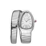 Serpenti Tubogas Lady watch, 35 mm stainless steel curved case set with diamonds, stainless steel crown set with a cabochon cut pink rubellite, silver opaline dial with guilloché soleil treatment and hand-applied indexes, single spiral stainless steel bracelet. Quartz movement, hours and minutes functions. Water proof 30 m. SrpntTubogas-white-dial2 image 1