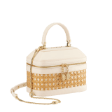 Serpenti Forever jewelry box bag in ivory opal Urban grain calf leather with black nappa leather lining. Captivating snakehead zip pullers and chain strap decors in light gold-plated brass. 1177-UCL image 2