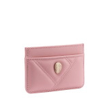Serpenti Cabochon card holder in sheer amethyst lilac calf leather with a maxi quilted pattern and watercolour opal light blue nappa leather lining. Captivating snakehead rivet in gold-plated brass embellished with red enamel eyes. SCB-CCHOLDERa image 1