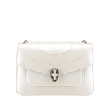 “Serpenti Forever” shoulder bag in white agate calf leather with a varnished and pearled effect. Iconic snake head closure in light gold-plated brass enriched with black and pearled white agate enamel and black onyx eyes. 290273 image 1