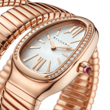 Serpenti Tubogas Lady watch, 35 mm 18 kt rose gold curved case set diamonds, 18 kt rose gold crown set with a pink cabochon-cut rubellite. silver opaline dial with guilloché soleil treatment and double spiral 18 kt rose gold bracelet. Quartz movement, hours and minutes functions. Water proof 30 m. 103002 image 2