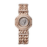 Monete Catene High Jewellery secret watch with mechanical manufacture micro-movement with manual winding, 18 kt rose gold case and chain bracelet set with diamonds, 18 kt rose gold cover set with a silver coin of emperor Caracalla, mother-of-pearl dial and diamond indexes 103870 image 1