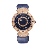 DIVAS‘ DREAM Uhr mit mechanischem Manufakturwerk, Automatikaufzug, Gehäuse aus 18 Karat Roségold mit runden Diamanten im Brillantschliff und Saphiren, drehbaren Aventurin-Scheiben mit Diamanten und aufgedruckten Konstellationen und Armband aus dunkelblauem Alligatorleder 102843 image 1