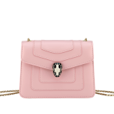 Serpenti Forever small crossbody bag in primrose quartz pink calf leather with heather amethyst pink grosgrain lining. Captivating snakehead magnetic closure in light gold-plated brass embellished with black and white agate enamel scales and black onyx eyes. 422-CLb image 1