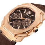 Octo Finissimo Chronograph GMT watch with mechanical manufacture ultra-thin movement (3.30 mm thick), automatic winding, 43 mm satin-polished 18 kt rose gold case, brown lacquered dial with sunray finish and brown alligator bracelet. Water-resistant up to 100 metres 103468 image 2