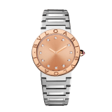 BULGARI BULGARI watch with satin-polished stainless steel case and bracelet, 18 kt rose gold bezel engraved with the double BULGARI logo, orange lacquered sunray dial and 12 diamond indexes. Water-resistant up to 30 metres. Resort Limited Edition of 100 pieces. 103682 image 1