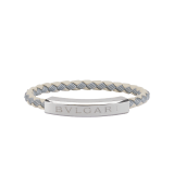 BULGARI BULGARI Man bracelet in moonbeam pearl light grey braided calf leather and rubber. Silver front clasp engraved with the iconic BULGARI logo. BBMLOGOPLATE-BCL-FO image 1
