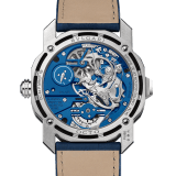 Octo Roma Carillon Tourbillon watch with mechanical manufacture movement, manual winding, openwork bridges, minute repeater, 3-hammer carillon and tourbillon. Platinum case, skeletonised dial, transparent case back and blue rubberised alligator bracelet. Water-resistant up to 30 metres. Limited edition of 30 pieces. 103627 image 4