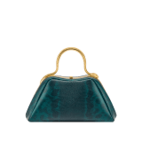 Serpentine mini top handle bag in bright forest emerald shiny karung with black nappa leather lining. Captivating snake body-shaped top handle in gold-plated brass embellished with engraved scales and red enamel eyes, press-button closure and gold-plated brass hardware. 294311 image 1
