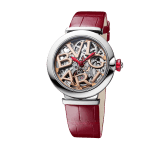 LVCEA Skeleton Uhr mit mechanischem Manufakturwerk, Automatikaufzug, Gehäuse aus Edelstahl, skelettiertem Zifferblatt mit BVLGARI Logo und Armband aus rotem Alligatorleder 102879 image 2