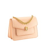 "Serpenti Forever" small maxi chain crossbody bag in peach nappa leather, with Lavander Amethyst lilac nappa leather internal lining. New Serpenti head closure in gold plated brass, finished with small pink mother-of-pearl scales in the middle and red enamel eyes. 1134-MCNa image 2
