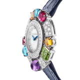 ALLEGRA Lady Watch 36 mm 18 kt white gold case, set with diamonds and 3 mixed shape cut citrines purple and yellowish orange and amethysts, 3 shape cut green peridot and blue topaze, 2 mixed cut rhodolites. Mother of pearl dial, set with diamonds indexes. Total precious metal weight 40.10 grs Blue alligator strap with stiches with white gold set ardillon buckle. Quartz movement caliber B033 customized and decorated with Bulgari logo. hours, minutes functions. water proof 30 m. 103499 image 2