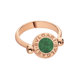 Grown from the Roman roots of the brand into an elegant fusion of culture and modernity, the BVLGARI BVLGARI ring is an effervescent, contemporary statement of classiness. The trademark double logo was initially inspired by the curved inscriptions on ancient coins, whilst today it has evolved into playful interpretations, framing multicoloured hard gemstones and pavé diamonds in one single jewel for a double wearability. <br> BVLGARI BVLGARI 18 kt rose gold flip ring with jade and pavé diamonds. AN859222 image 2