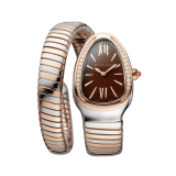 Serpenti Tubogas single spiral watch with stainless steel case, 18 kt rose gold bezel set with brilliant-cut diamonds, brown dial with guilloché soleil treatment, stainless steel and 18 kt rose gold bracelet 103071 image 1