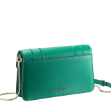 Serpenti Forever chain wallet in Niagara sapphire blue calf leather and silky coral pink nappa leather interior. Captivating palladium-plated brass snakehead magnetic closure embellished with black and Niagara sapphire blue enamel scales and black onyx eyes. SEA-CHAINPOCHETTE-LCL image 3