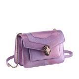 “Serpenti Forever” crossbody bag in rainbow-coloured "Spring Shade" python skin, with Lavender Amethyst lilac nappa leather inner lining. Tempting snakehead closure in gold-plated brass enhanced with lilac and white agate enamel and black onyx eyes. 1082-MK image 2