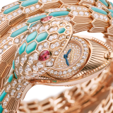 Serpenti Misteriosi High Jewellery secret watch with mechanical manufacture micro-movement with manual winding, 18 kt rose gold case and bracelet set with turquoise inserts, brilliant-cut diamonds and two pear-cut rubellites, with pavé-set diamond dial. 103558 image 3