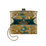 "Serpenti Forever" crossbody bag in agate-white "Camo" python skin with Mimetic Jade green nappa leather inner lining. Alluring snakehead closure in light gold-plated brass enriched with black and pearly, agate-white enamel and black onyx eyes. 422-Pa image 4