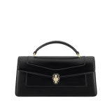 Serpenti Forever Elongated top handle bag in black calf leather with black nappa leather lining. Captivating snakehead magnetic closure in light gold-plated brass embellished with black enamel and light gold-plated brass scales, and black onyx eyes. SEA-001-1390S image 1