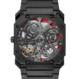 Octo Finissimo Skeleton Limited Edition watch with extra-thin skeletonised mechanical manufacture movement, manual winding, small seconds and power reserve indications, 40 mm extra-thin case and bracelet in sandblasted black ceramic, skeletonised dial, openwork counters with red outline and transparent caseback. Water-resistant up to 30 metres 103527 image 4