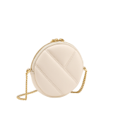 Serpenti Cabochon round pouch in azalea quartz pink calf leather with a maxi matelassé pattern and beetroot spinel fuchsia nappa leather interior. Captivating snakehead zip pullers in light gold-plated brass embellished with red enamel eyes, and zipped fastening. SCB-ROUNDPOCHETTE image 3