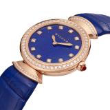 DIVAS' DREAM Lady watch, 30 mm 18 kt rose gold case, 18 kt rose gold bezel and fan-shaped links both set with brilliant-cut diamonds, 18 kt rose gold crown set with a cabochon-cut rubellite, lapis lazuli dial, diamond indexes, blue alligator strap and 18 kt rose gold pin buckle. Quartz movement, hours and minutes functions. Water-resistant up to 30 metres. 103261 image 3