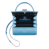 Serpenti Forever top handle bag in Niagara sapphire blue varnished calf leather with black gros grain lining. Captivating snakehead closure in palladium-plated brass embellished with matt Niagara sapphire blue enamel scales and black onyx eyes. 291322 image 4