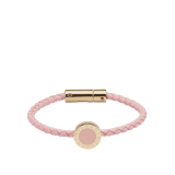 BULGARI BULGARI bracelet in primrose quartz pink calf leather with light gold-plated brass clasp closure. Iconic décor in light gold-plated brass embellished with primrose quartz pink enamel. BB-LOGO-WCL-PQ image 1