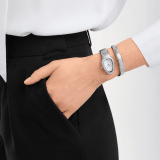 Tadao Ando x Bvlgari Serpenti Tubogas Limited Edition single-spiral watch in stainless steel with pavé diamonds on the bezel and mother-of-pearl dial. Water-resistant up to 30 metres. SERPENTI-TUBOGAS-TADAO-WINTER image 1