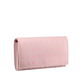 Bulgari Logo large wallet in crystal rose dégradé calf leather with hot-stamped Infinitum pattern all over and azalea quartz pink nappa leather interior. Gold-plated brass hardware and magnetic closure. BVL-LONGWALLETb image 1