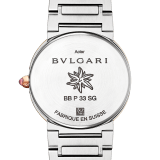 BULGARI BULGARI x LISA Limited Edition watch with stainless steel case and bracelet, 18 kt rose gold bezel engraved with double logo, color-changing sunray finished dial, diamond indexes and personalization on the back of the case. Quartz movement. Water-resistant up to 30 meters. Limited edition of 700 pieces. 103759 image 4