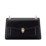 Serpenti Forever medium shoulder bag in black calf leather with black nappa leather lining. Captivating snakehead magnetic closure in light gold-plated brass embellished with beige noisette enamel and light gold-plated brass scales, and black onyx eyes. SEA-001-1344M image 1