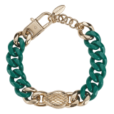 Serpenti Forever Maxi Chain bracelet in light gold-plated brass, with partial emerald green enamel. Captivating snakehead embellishment with red enamel eyes in the middle, and adjustable closure. SERP-CHUNKYCHAINb image 2