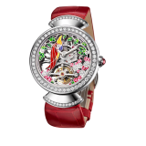 DIVAS' DREAM watch with 18kt white gold mechanical manufacture skeletonized movement and tourbillon. 18 kt white gold case set with brilliant-cut diamonds, dial with hand painted parrot, flowers and leaves set with diamonds and red alligator bracelet 102517 image 2