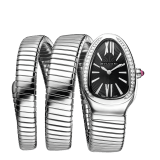 Serpenti Tubogas double spiral watch with stainless steel case and bracelet, bezel set with brilliant-cut diamonds and black dial with guilloché soleil treatment. Water-resistant up to 30 metres. Large size 103433 image 1