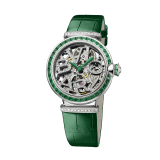 LVCEA Skeleton watch with mechanical movement, automatic winding, 18 kt white gold case set with baguette-cut emeralds, 18 kt white gold openwork BVLGARI logo dial set with brilliant-cut diamonds, green alligator bracelet and 18 kt white gold links set with brilliant-cut diamonds 103033 image 2
