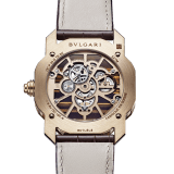 Octo Roma Naturalia watch with mechanical manufacture movement, manual winding and flying tourbillon, satin-polished 18 kt rose gold case, tiger's eye middle case, caliber and bar-indexes, transparent case back and brown alligator bracelet. Water-resistant up to 50 meters. 103675 image 3